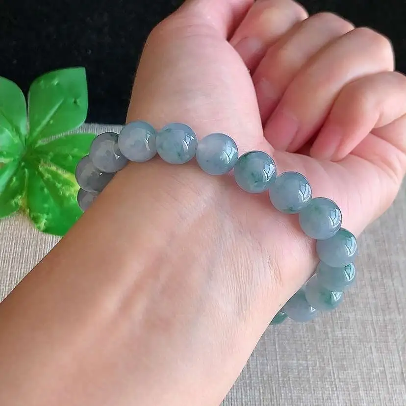 a货翡翠冰种紫罗兰飘花圆珠佛珠手串20， 尺寸9.6mm 重量31.03g 1217