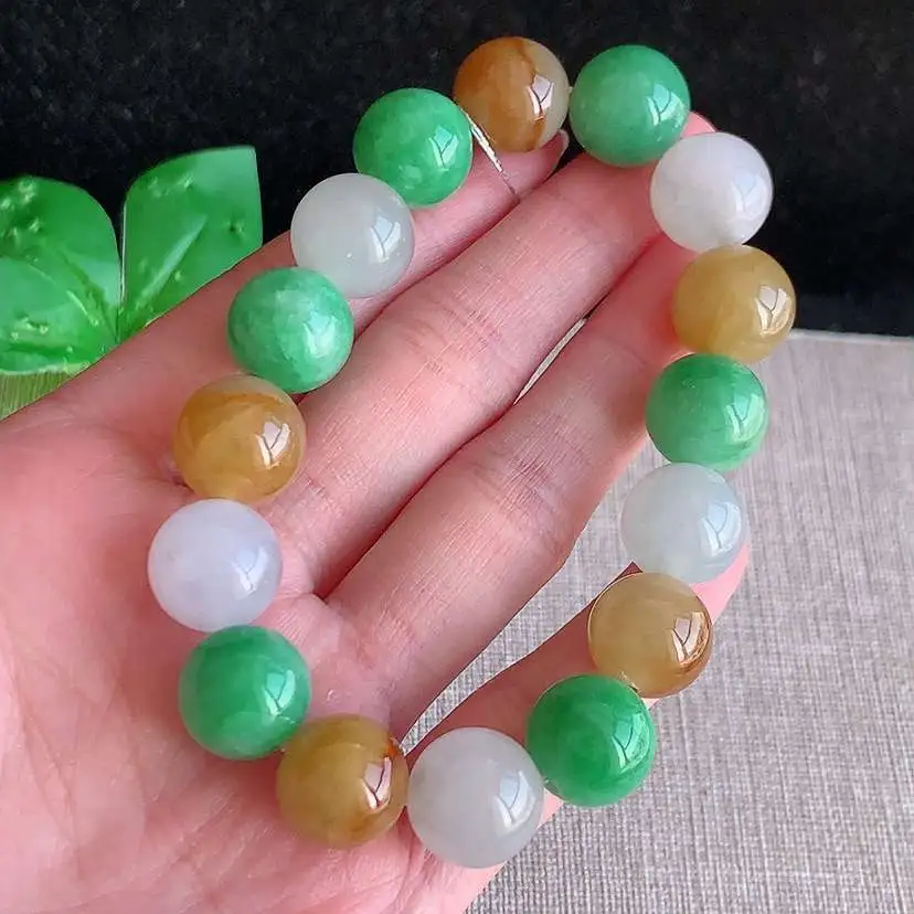 a货翡翠冰种三彩圆珠佛珠手串16颗  尺寸12.5mm 重量64.12g 1218