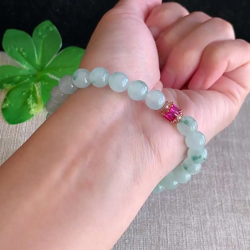 a货翡翠冰种飘花圆珠佛珠手串23颗  尺寸7.6mm 重量19.88g 1217