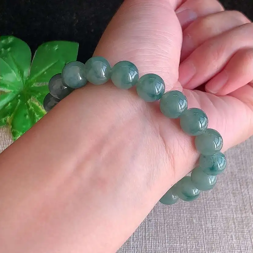 a货翡翠冰种飘花圆珠佛珠手串19颗 尺寸9.6mm 重量32.58g 1218