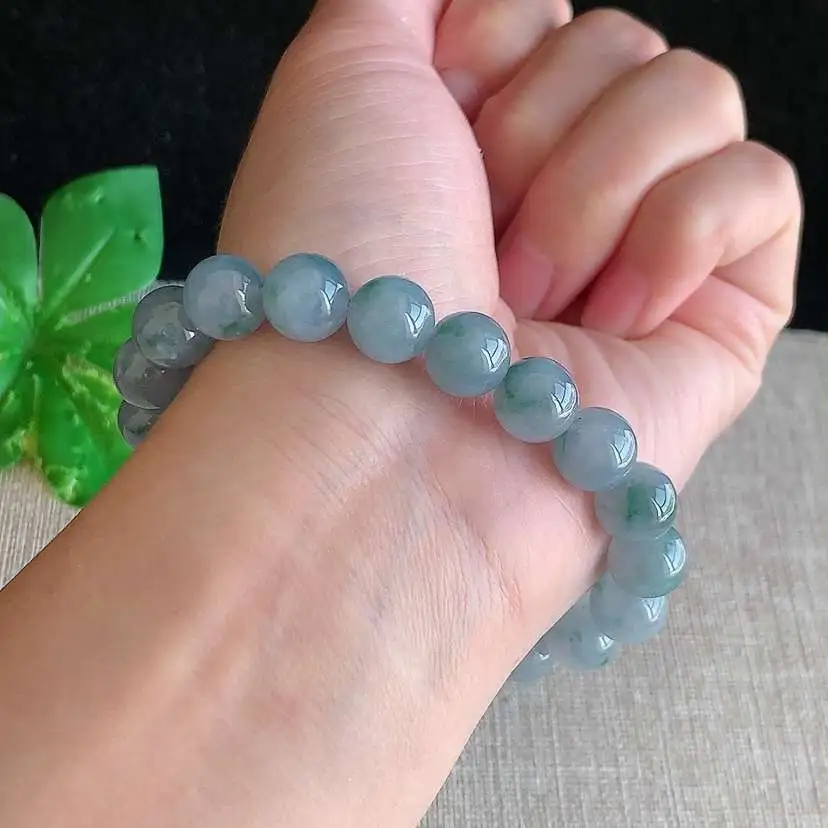 a货翡翠冰种紫罗兰飘花圆珠佛珠手串20， 尺寸9.6mm 重量31.03g 1217