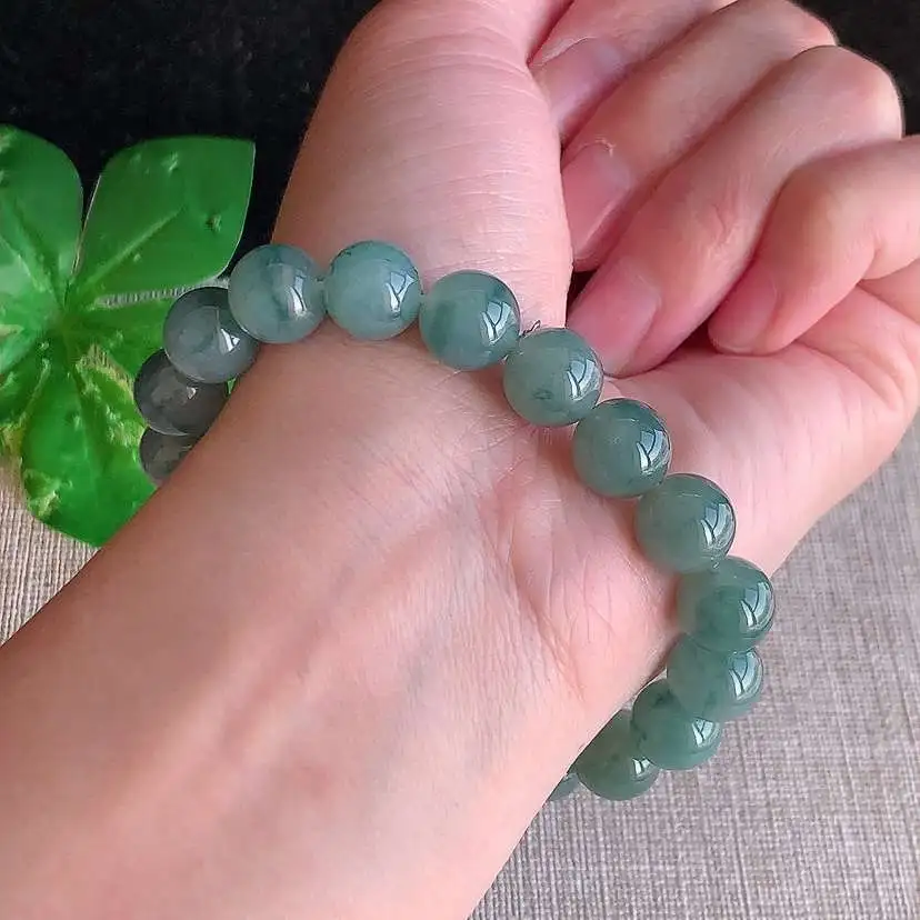 a货翡翠冰种飘花圆珠佛珠手串19颗 尺寸9.6mm 重量32.58g 1218