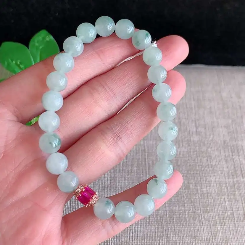 a货翡翠冰种飘花圆珠佛珠手串23颗  尺寸7.6mm 重量19.88g 1217