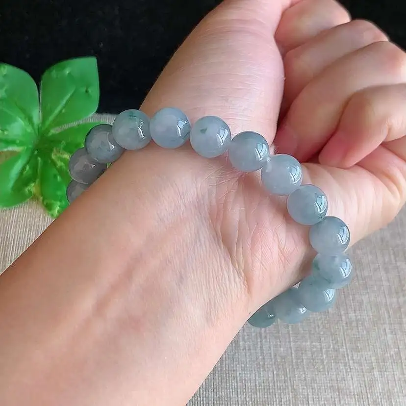 a货翡翠冰种紫罗兰飘花圆珠佛珠手串20， 尺寸9.6mm 重量31.03g 1217