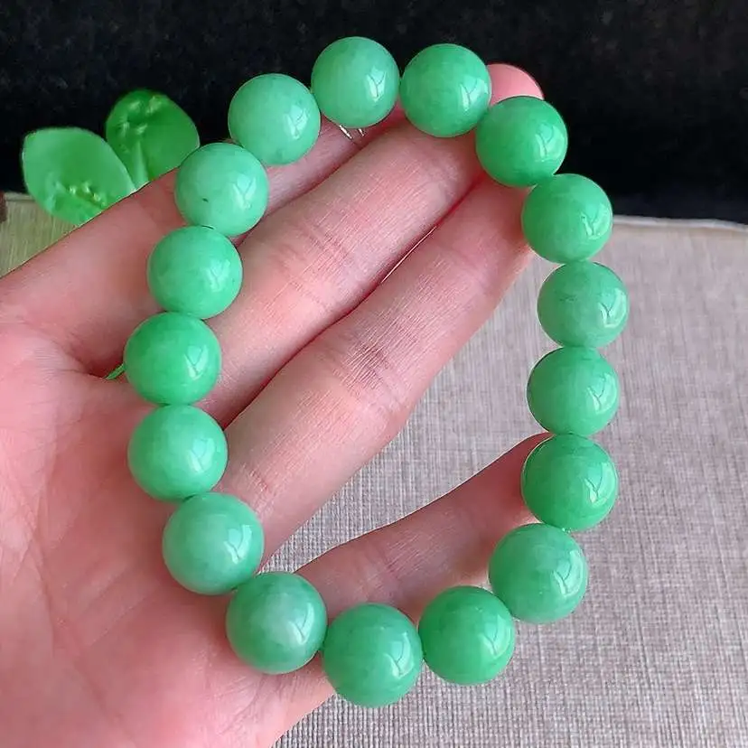 a货翡翠冰种满绿圆珠佛珠手串17颗  尺寸12mm 重量53.36g 1218