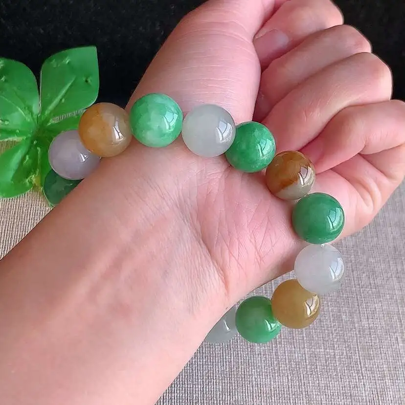 a货翡翠冰种三彩圆珠佛珠手串16颗  尺寸12.5mm 重量64.12g 1218