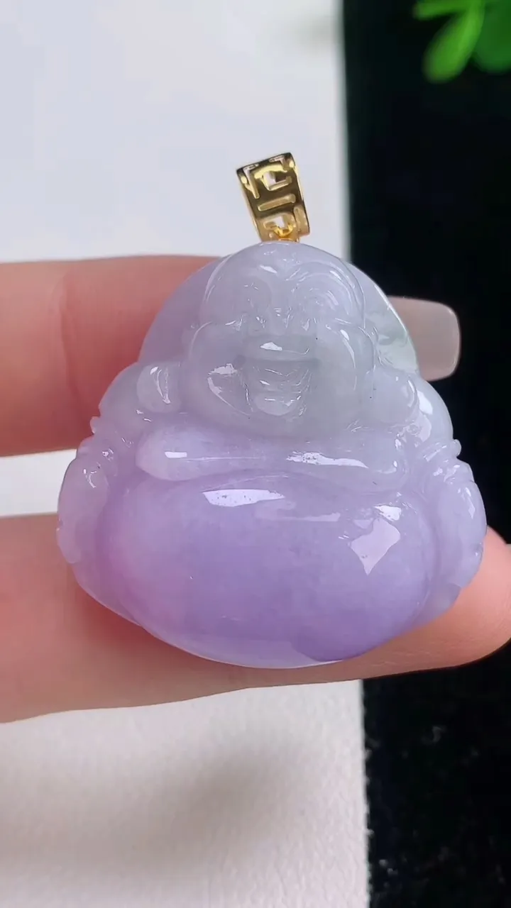 天然A货翡翠18K金紫罗兰佛公吊坠，尺寸31.6-30.6-12.3，重量:20.49g
12月21