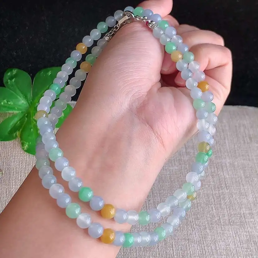 a货翡翠冰种三彩圆珠项链毛衣链108颗 尺寸5.7mm 重量41.15g 1221