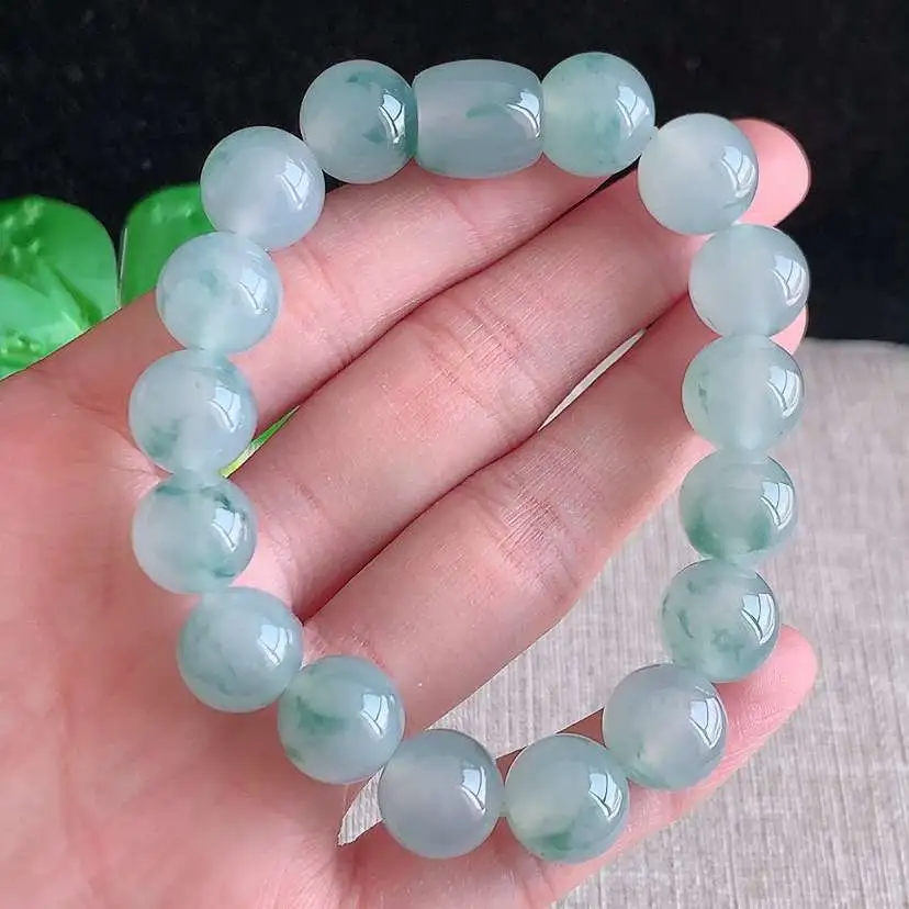 a货翡翠冰种飘花圆珠佛珠手串17颗  尺寸11.8mm 重量47.80g 1221