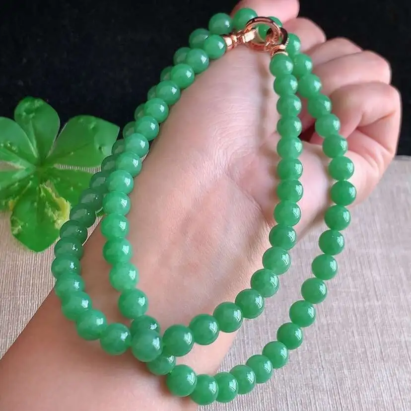 a货翡翠冰种满绿圆珠项链毛衣链73颗 尺寸7.5mm 重量65.40g 1221