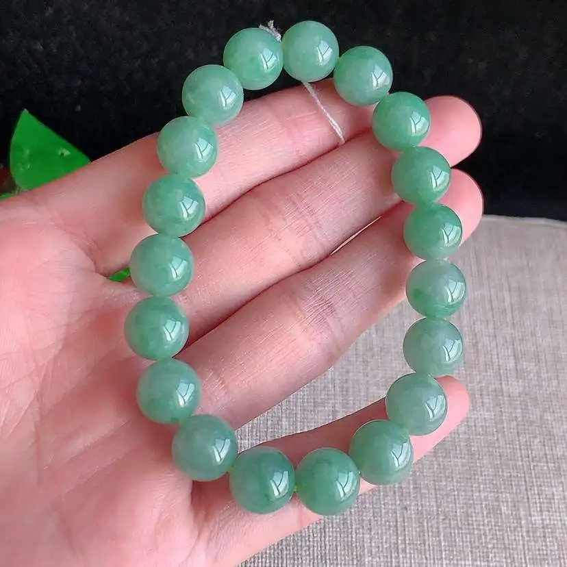 a货翡翠冰种满绿圆珠佛珠手串19颗  尺寸9.8mm 重量34.18g 1221