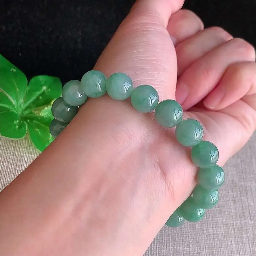 a货翡翠冰种满绿圆珠佛珠手串19颗  尺寸9.8mm 重量34.18g 1221