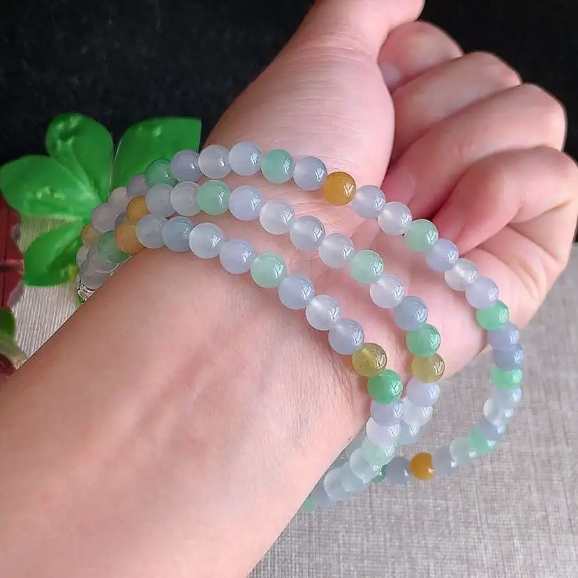 a货翡翠冰种三彩圆珠项链毛衣链108颗 尺寸5.7mm 重量41.15g 1221