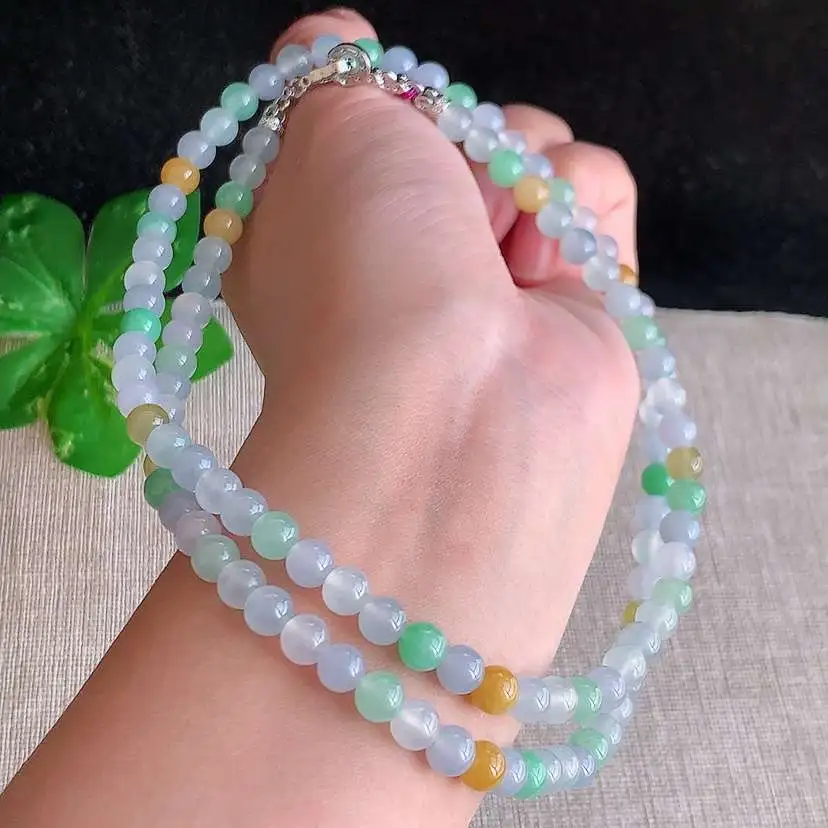 a货翡翠冰种三彩圆珠项链毛衣链108颗 尺寸5.7mm 重量41.15g 1221