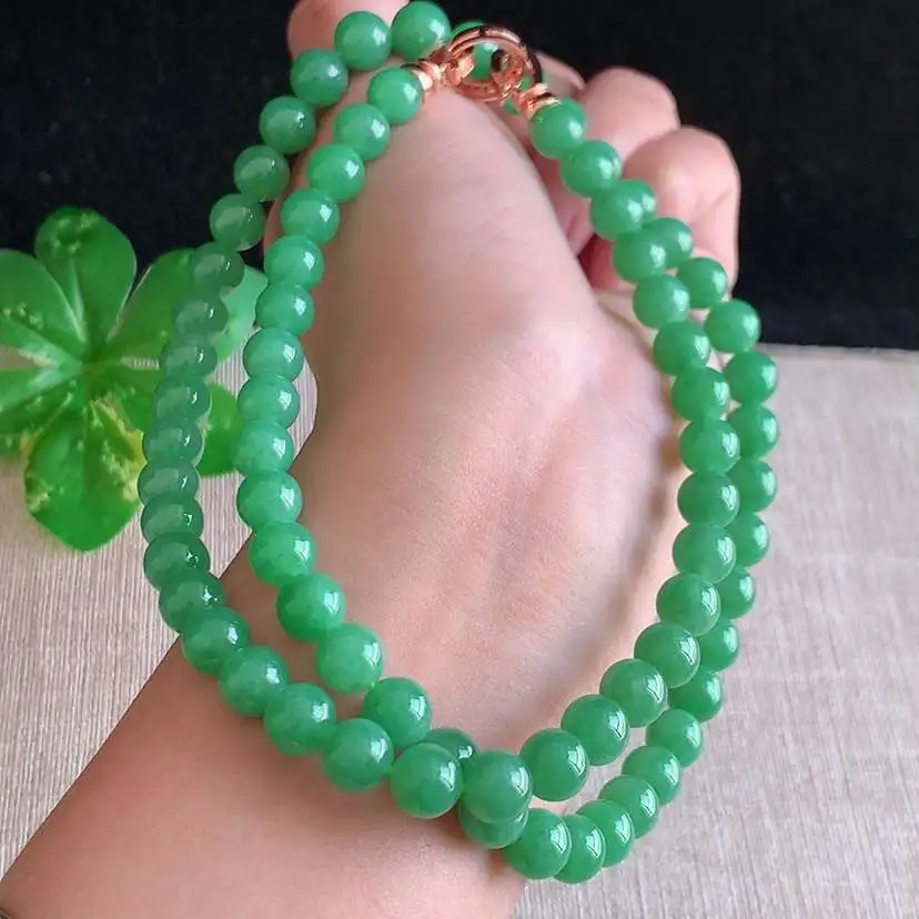 a货翡翠冰种满绿圆珠项链毛衣链73颗 尺寸7.5mm 重量65.40g 1221