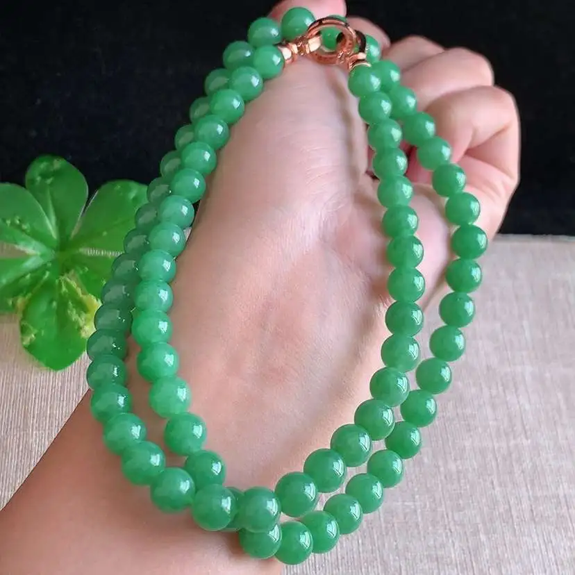 a货翡翠冰种满绿圆珠项链毛衣链73颗 尺寸7.5mm 重量65.40g 1221
