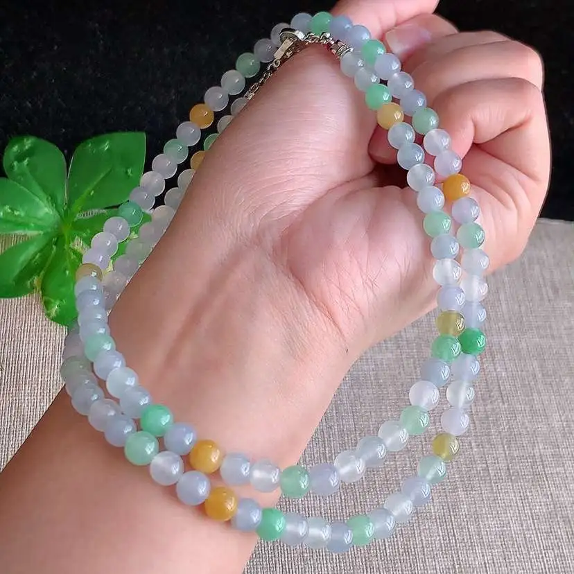 a货翡翠冰种三彩圆珠项链毛衣链108颗 尺寸5.7mm 重量41.15g 1221