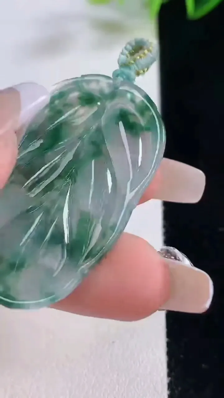 天然A货翡翠种飘花金枝玉叶 叶子吊坠，尺寸43-24-5.3，重量:10.52g
12月23日