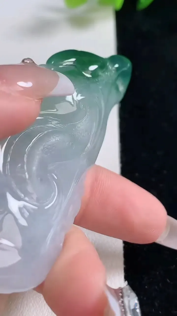 天然A货翡翠种飘花龙牌吊坠，尺寸74.6-31.7-15，重量:49.68g
12月25日