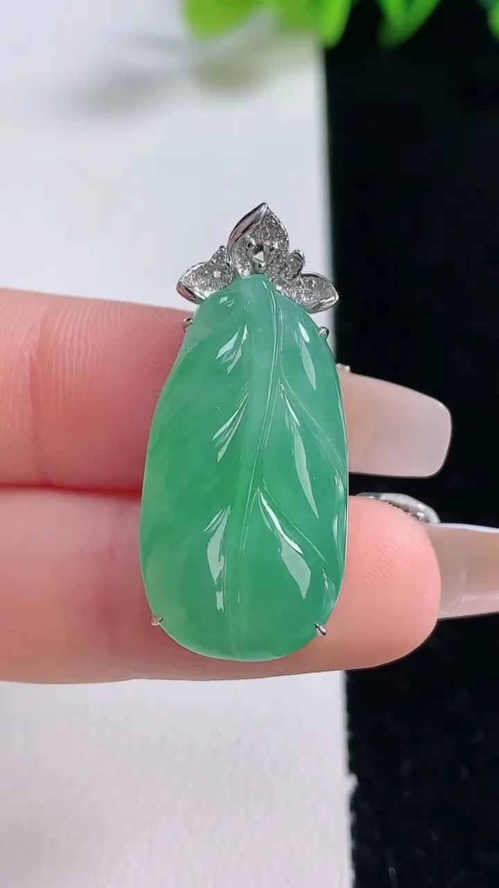 天然A货翡翠金枝玉叶 叶子吊坠，尺寸26.8-14.5-6，重量:5.69g
12月25日