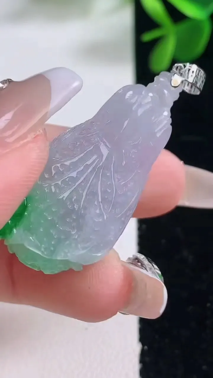 天然A货翡翠白菜吊坠，尺寸36.4-18.7-10，重量:9.85g
12月26日