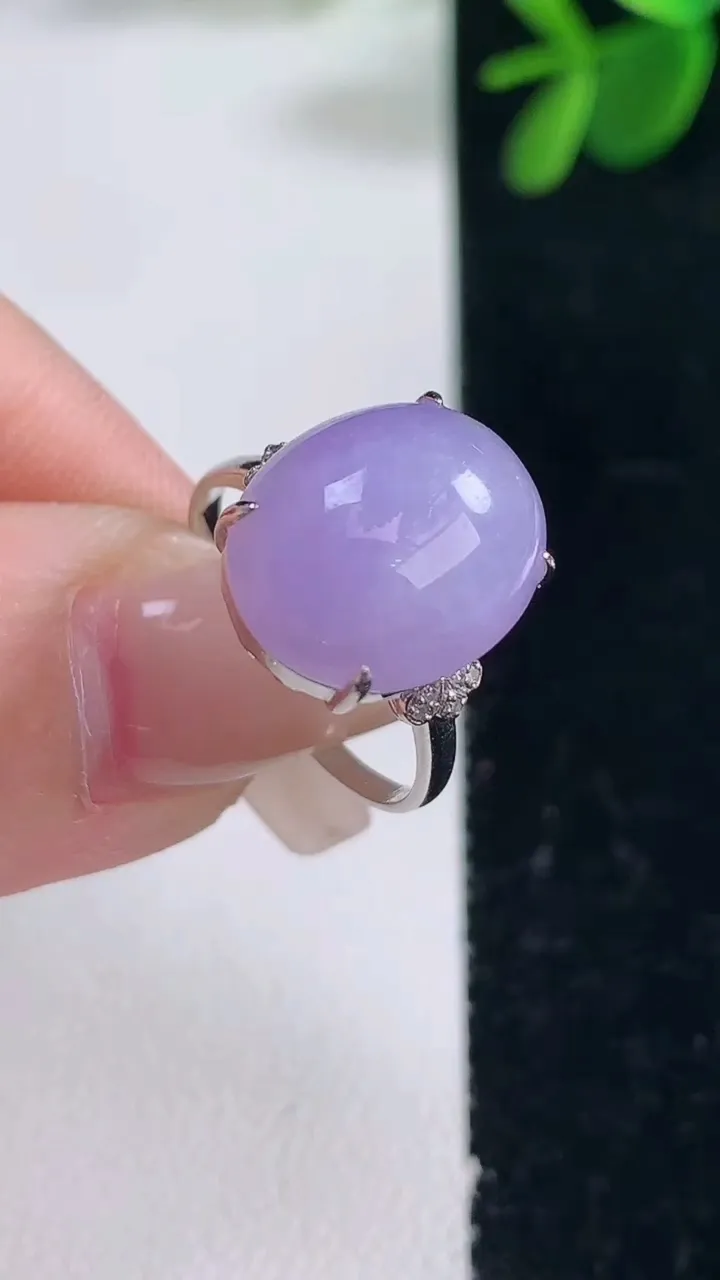 天然A货翡翠18K金紫罗兰蛋面戒指，尺寸17.3-14.6-11.5-8.6，重量:3.80g202