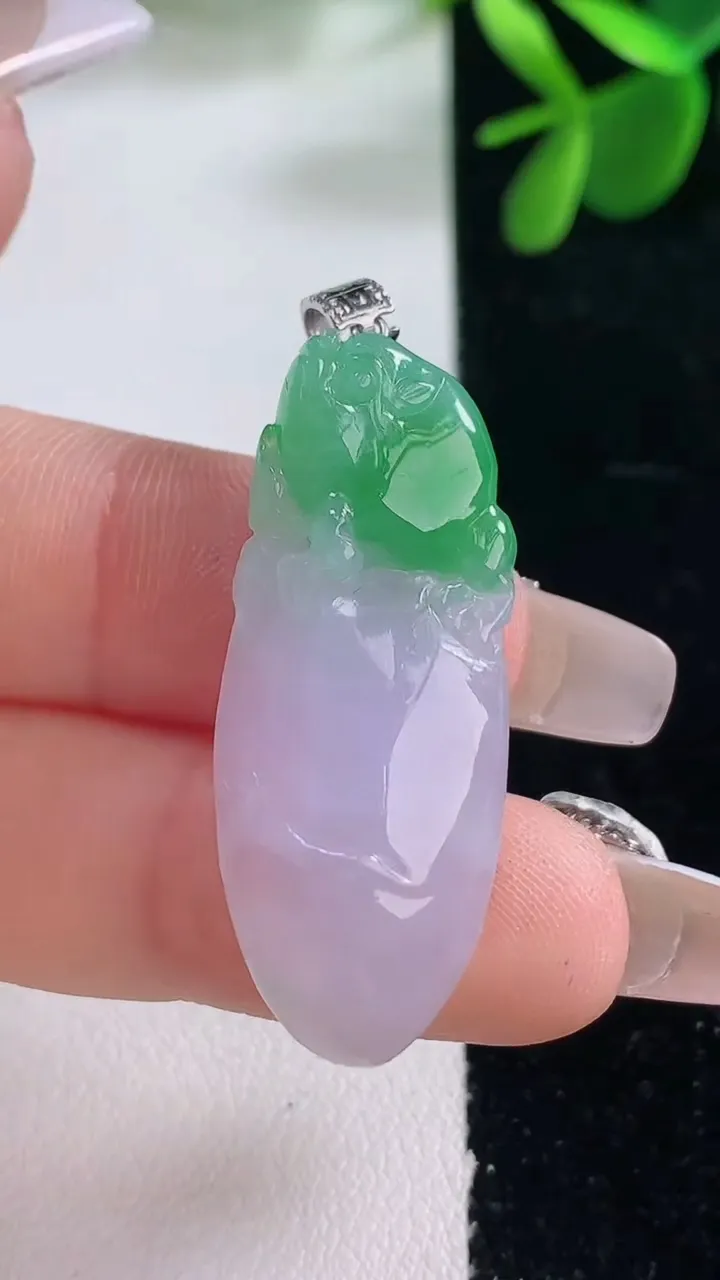 天然A货翡翠18K金春带彩紫罗兰福瓜吊坠，尺寸36.2-14.3-7，重量:6.92g
12月26日