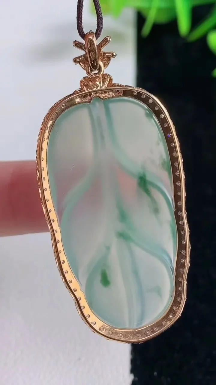 天然A货翡翠种飘花金枝玉叶 叶子吊坠，尺寸49-23-6.9，裸石37.6-20重量:7.88g
12月28日