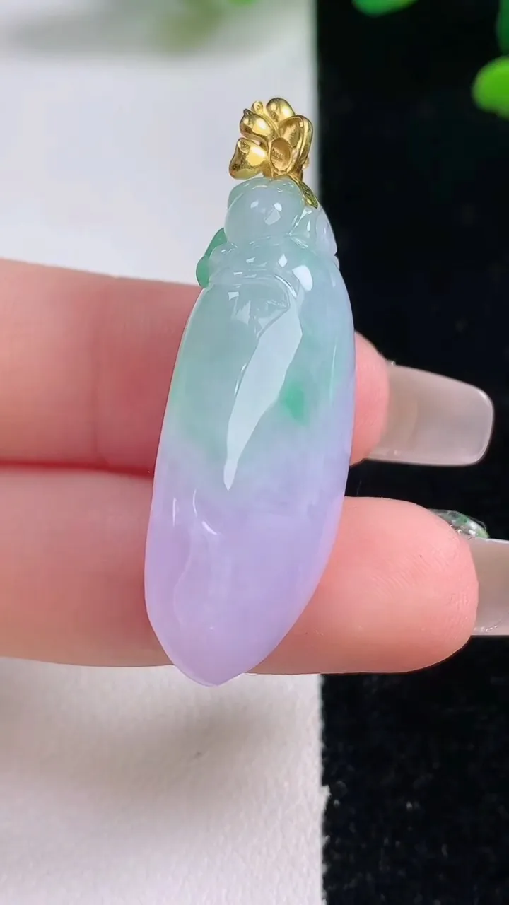 天然A货翡翠18K金春带彩紫罗兰福瓜吊坠，尺寸34.4-16.2-11，重量:10.60g
12月29日