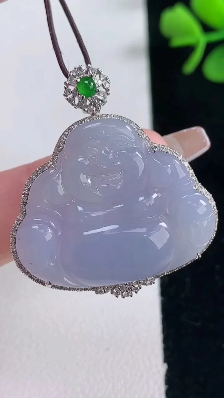 天然A货翡翠18K金紫罗兰佛公吊坠，尺寸35-31.4-7.6，裸石24-28.9重量:7.42g
