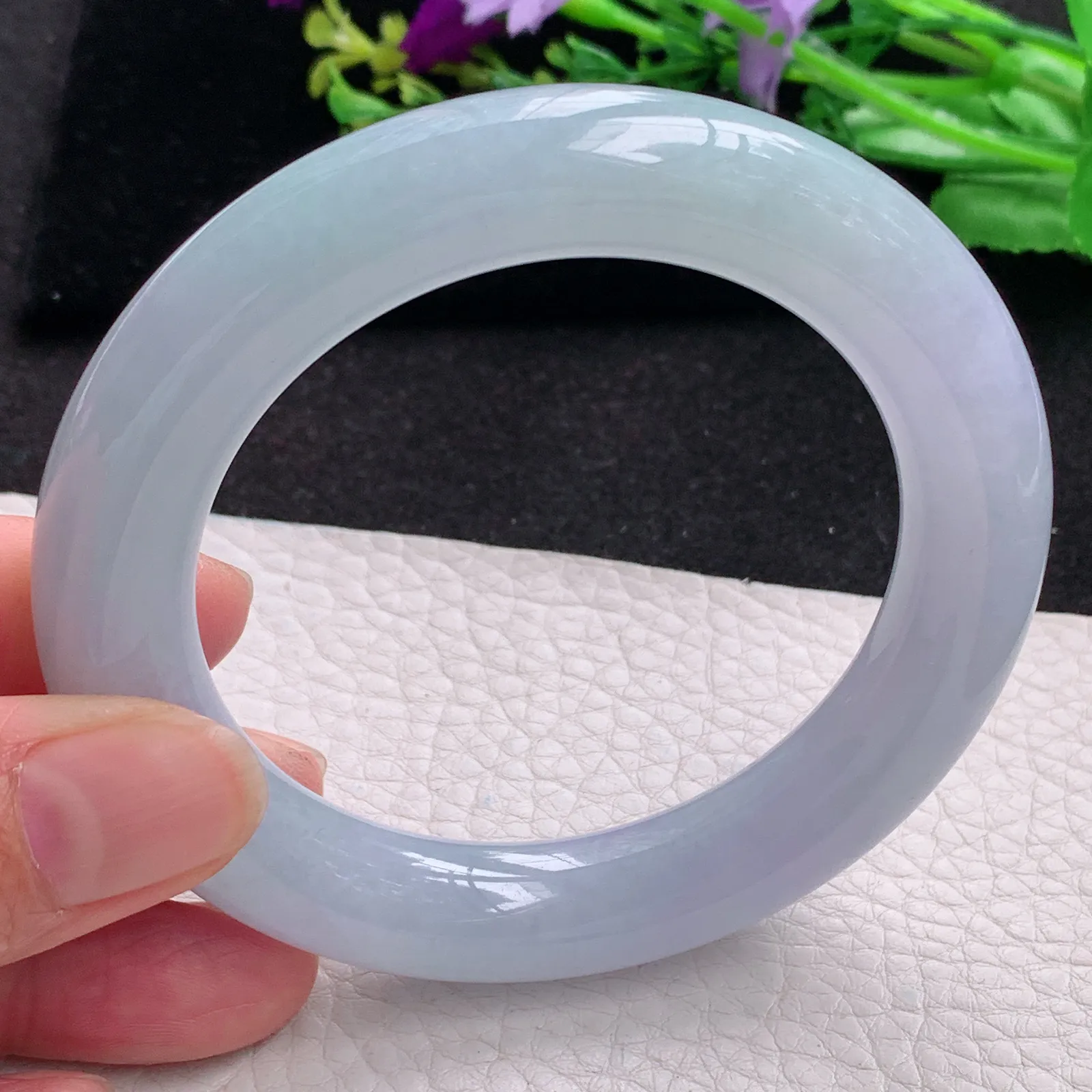 z自然光57*12.2胖圆镯 缅甸翡翠a货玉手镯紫罗兰高雅圆条大气玉手环