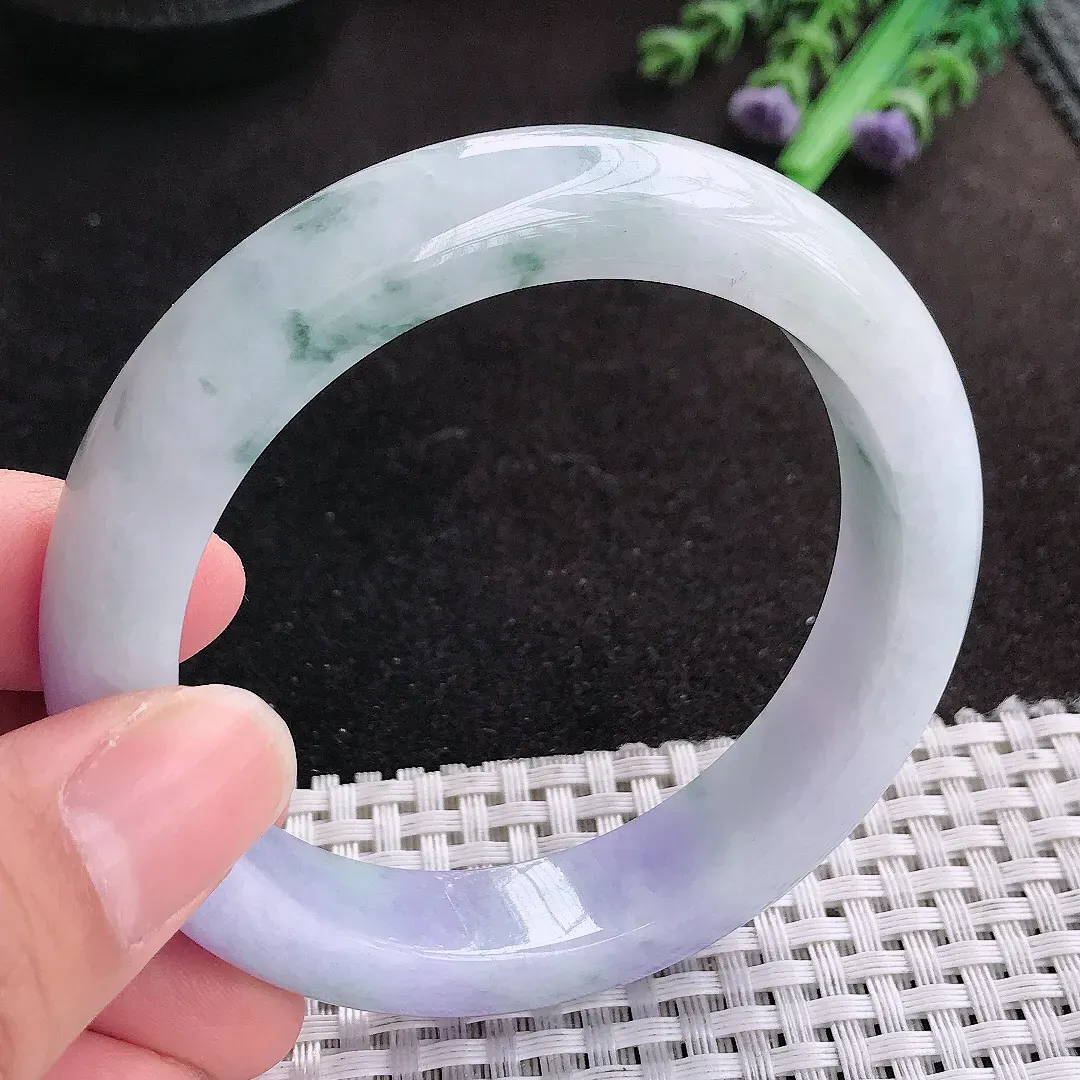 天然A货翡翠57.5/12.7/9老坑精美温润紫罗兰飘花手镯宽边玉手镯