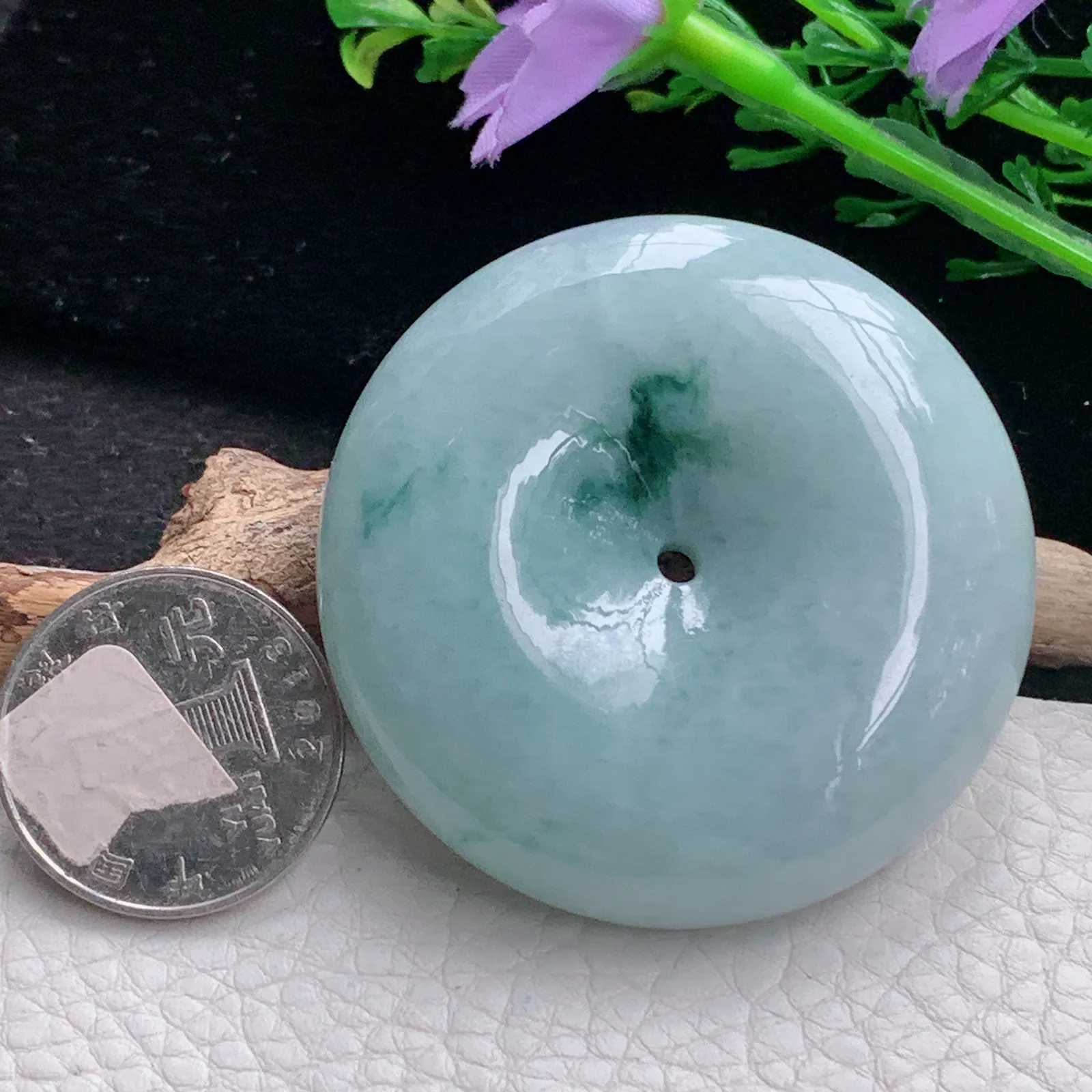 zen自然光51*13.6天然缅甸翡翠飘花饱满大平安扣 玉扣玉吊坠 玉挂件