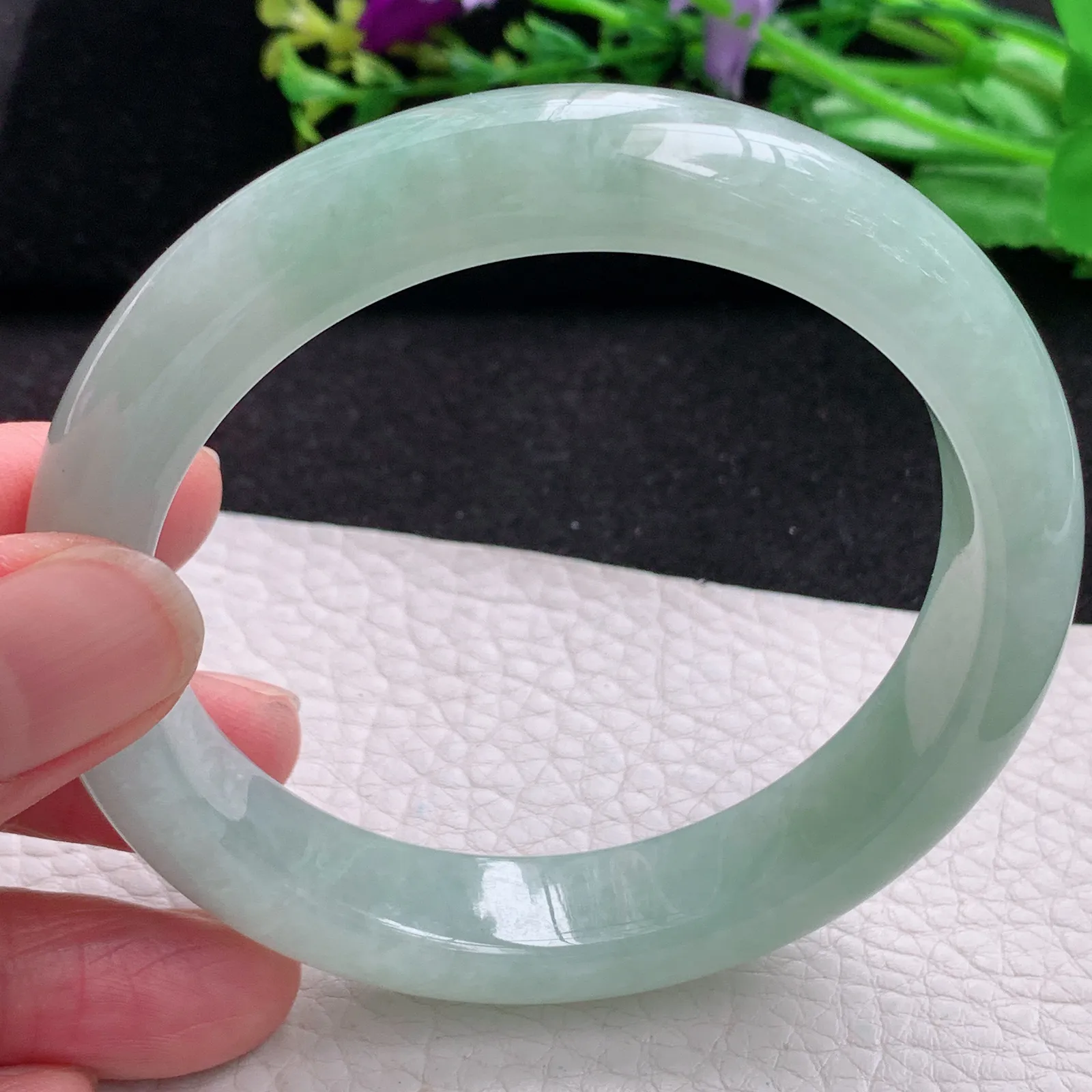 z大圈口60*12.8*8.8平安镯 缅甸翡翠a货玉手镯冰晴胶感宽边玉手环