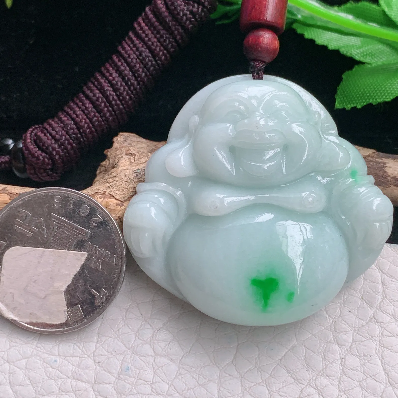 zen自然光42*46*12.6天然缅甸翡翠飘阳绿大佛公 开心佛玉吊坠 玉挂件