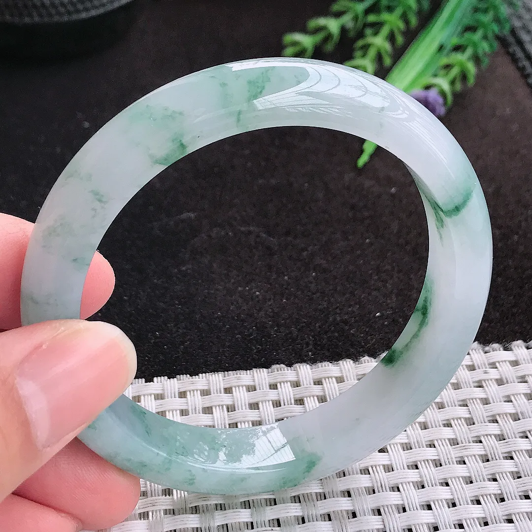 天然A货翡翠56/11.8/8老坑冰胶水灵飘蓝花手镯宽边玉手镯