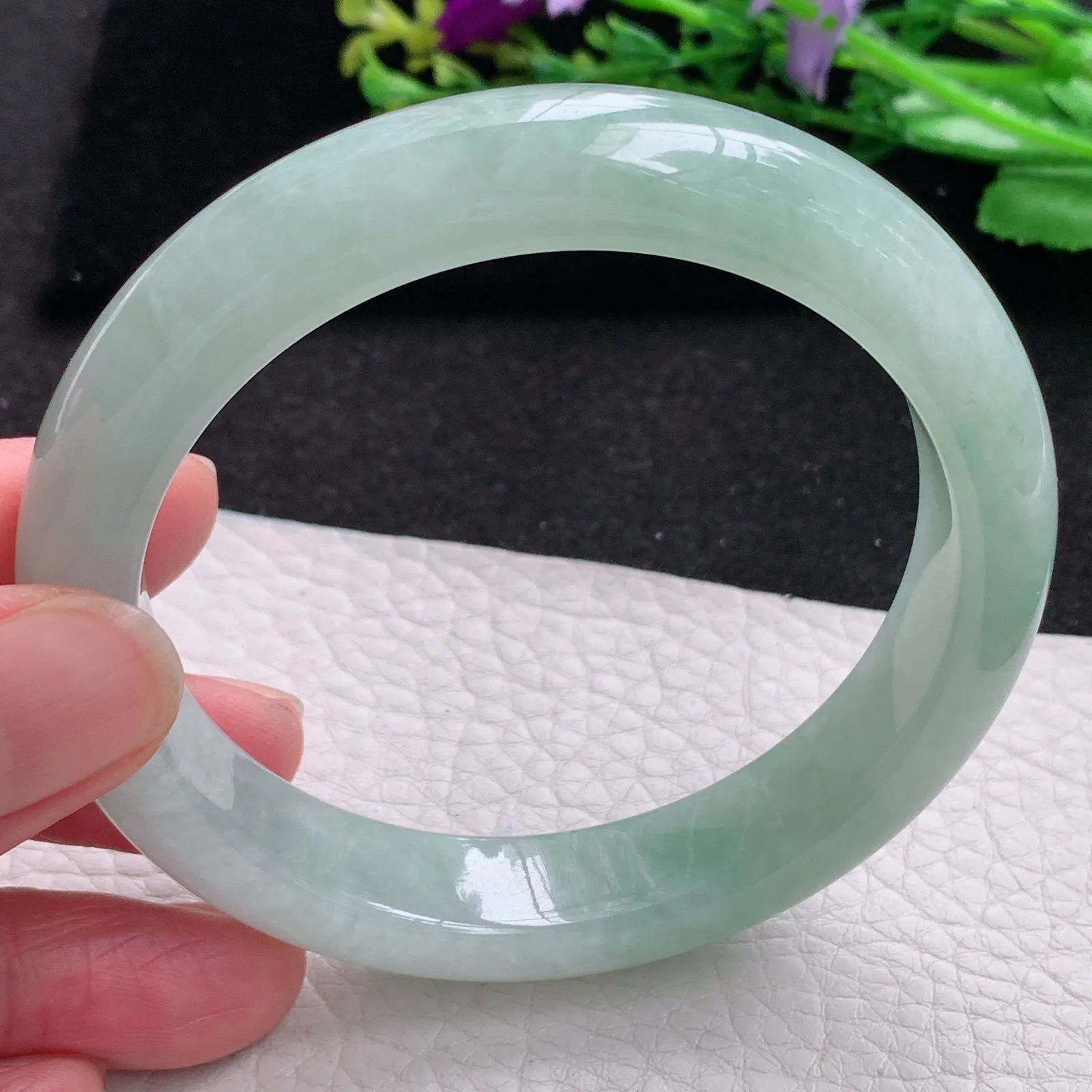 z大圈口60*12.8*8.8平安镯 缅甸翡翠a货玉手镯冰晴胶感宽边玉手环