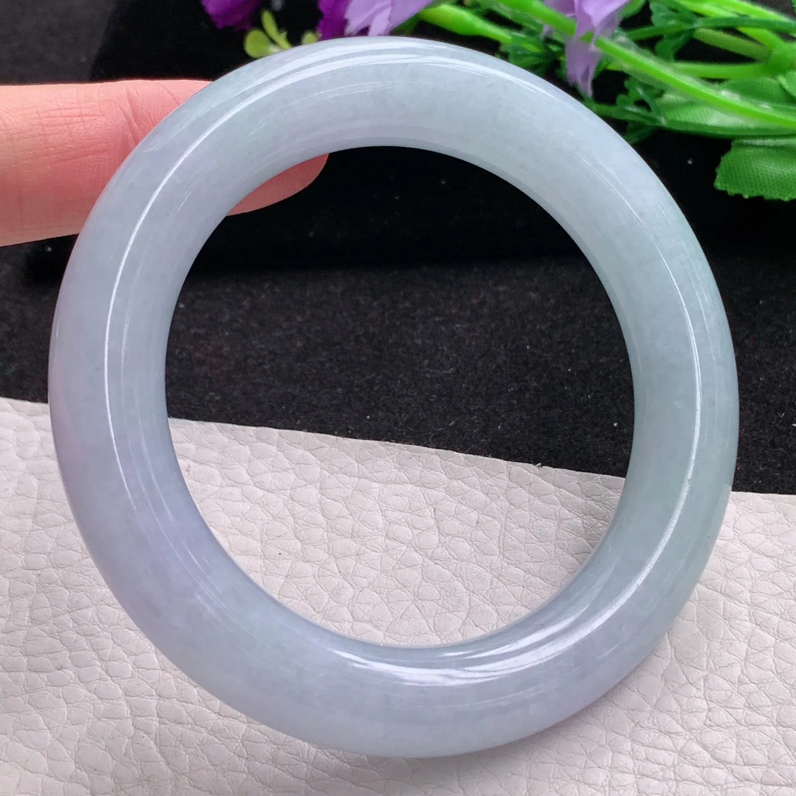 z自然光57*12.2胖圆镯 缅甸翡翠a货玉手镯紫罗兰高雅圆条大气玉手环