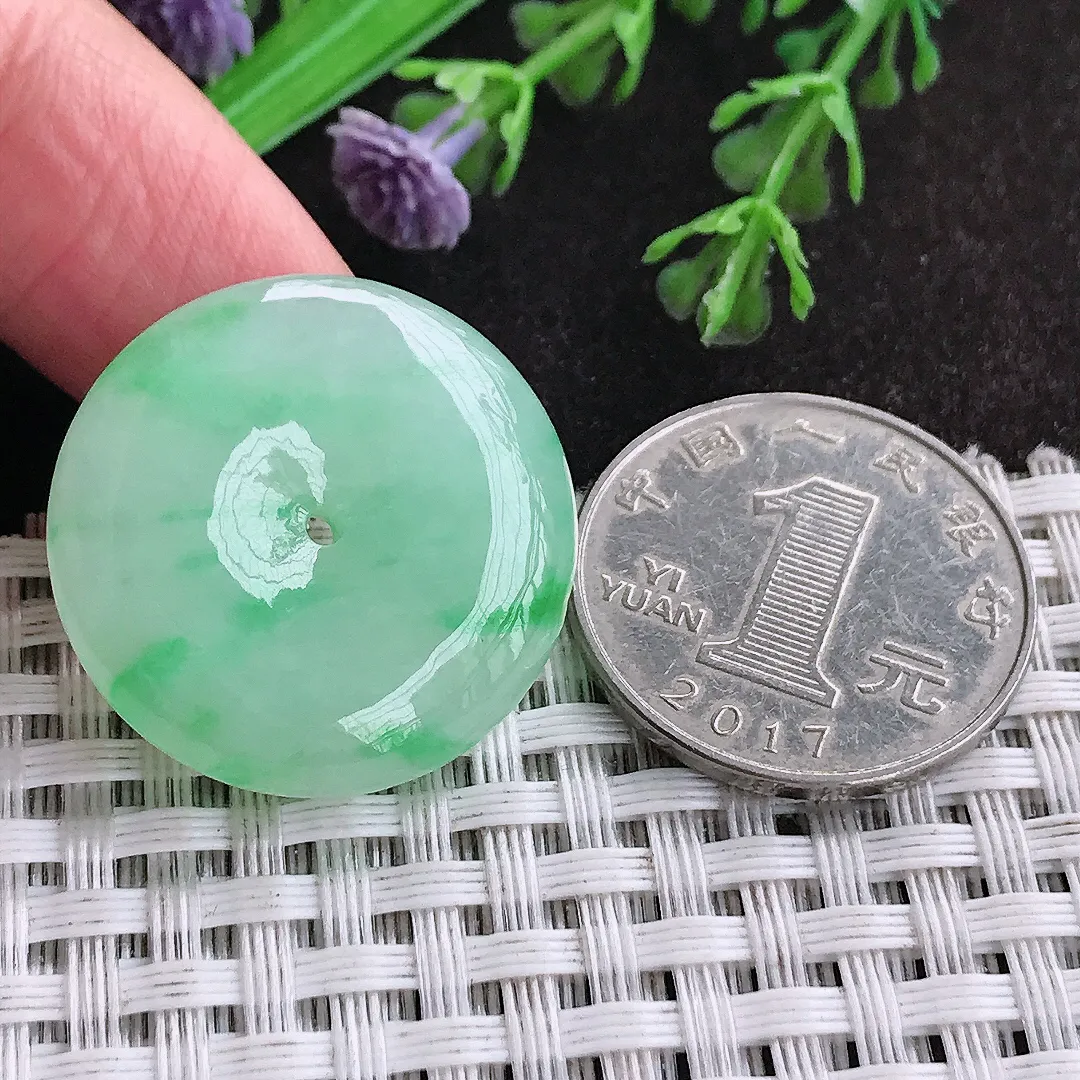 天然a货翡翠26.6/6.9老坑冰胶飘阳绿平安扣吊坠翡翠玉扣挂件