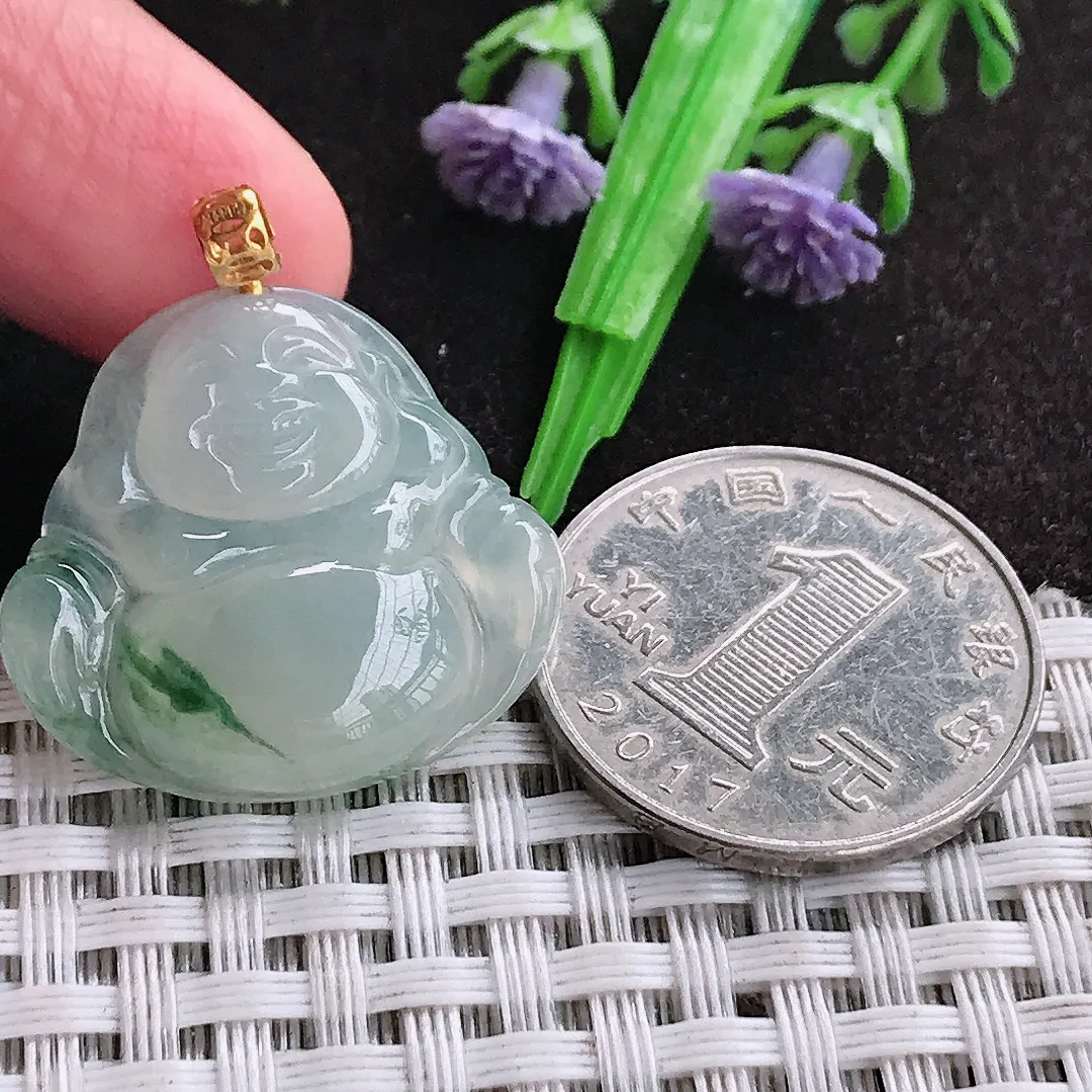 天然a货翡翠25/26.6/5.9老坑18k金镶嵌冰胶飘花佛公吊坠翡翠玉挂件