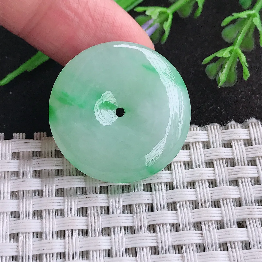 天然a货翡翠26.6/6.9老坑冰胶飘阳绿平安扣吊坠翡翠玉扣挂件