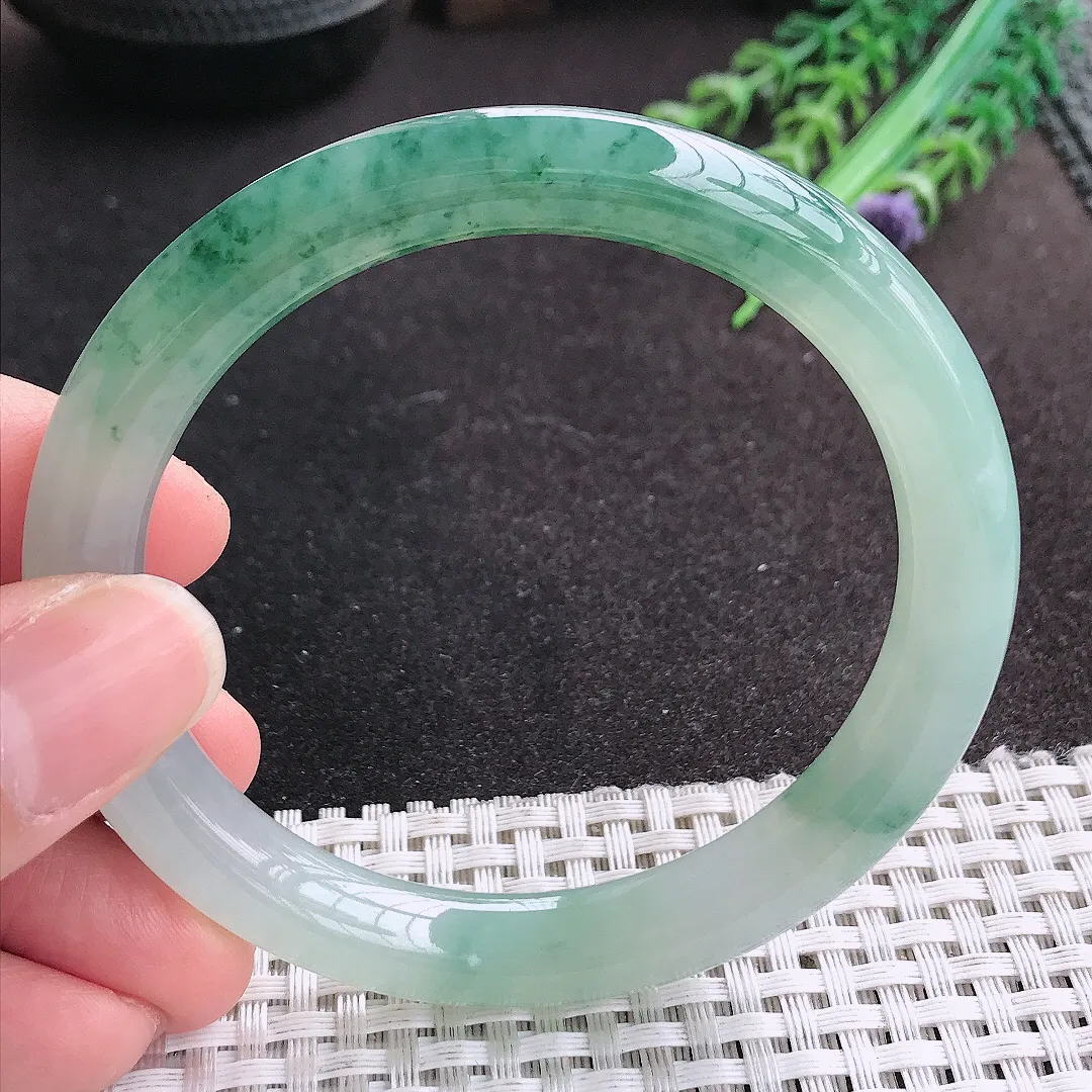 天然A货翡翠58/9.1/8.8老坑冰胶果冻冰飘花圆条手镯玉手镯