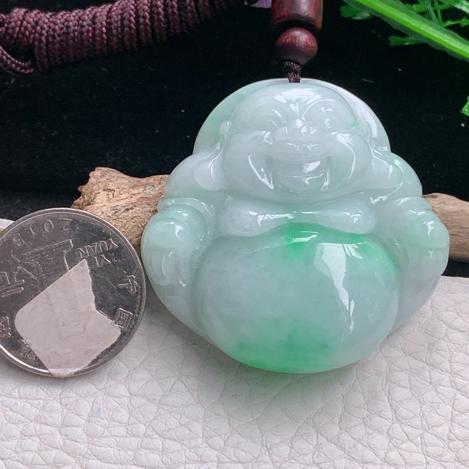 zen自然光45*46*12.3天然缅甸翡翠飘绿佛公 开心佛玉吊坠 玉挂件