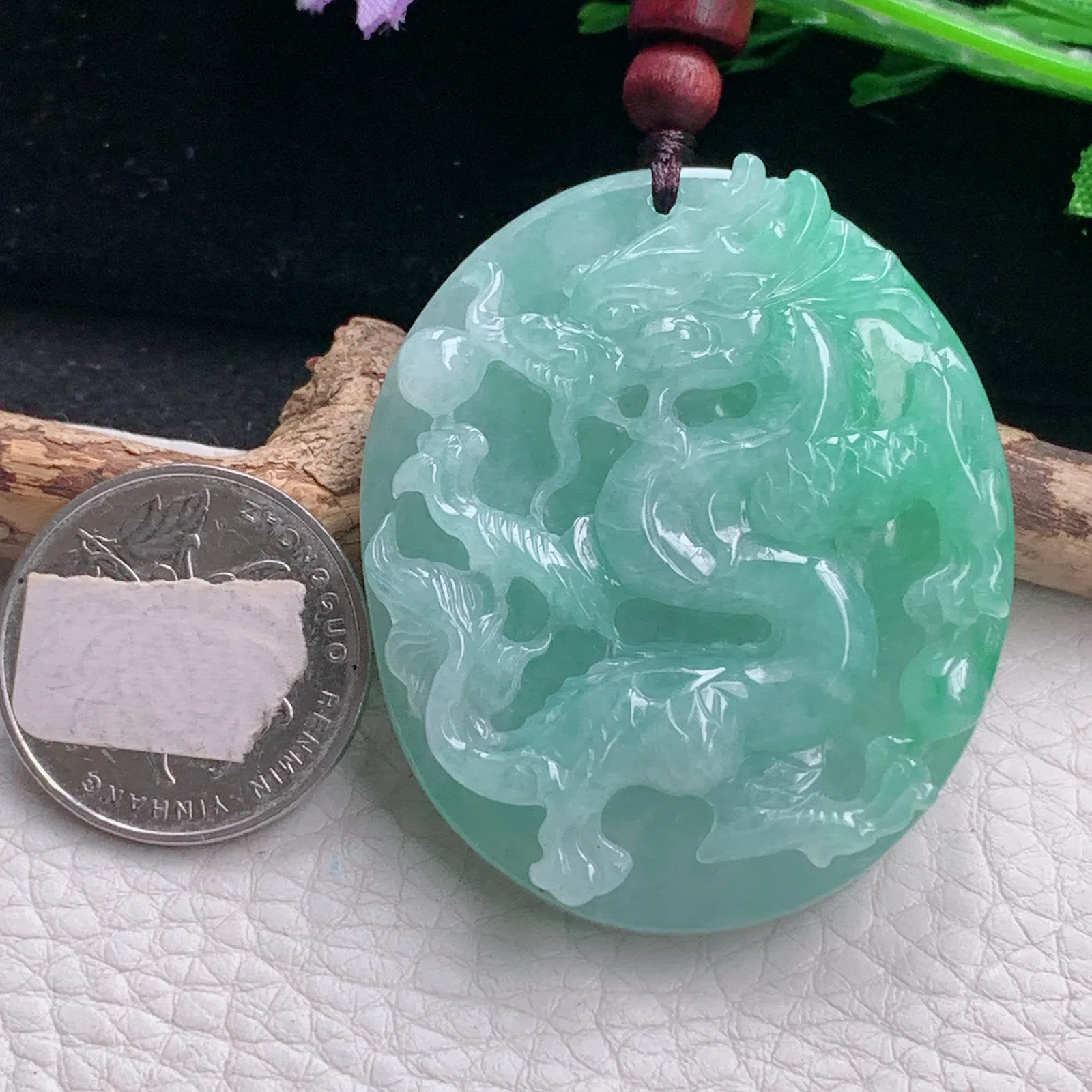 zen自然光50*42*10.2天然缅甸翡翠满绿龙牌 龙行天下玉吊坠 玉挂件