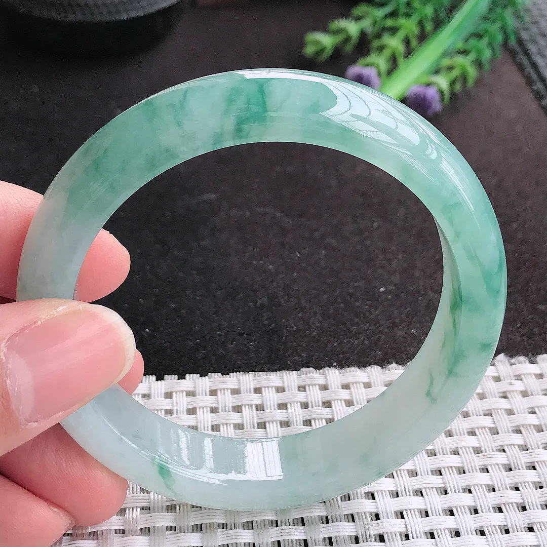 天然A货翡翠56.5/12.8/8.3老坑冰胶果冻冰飘花手镯宽边玉手镯