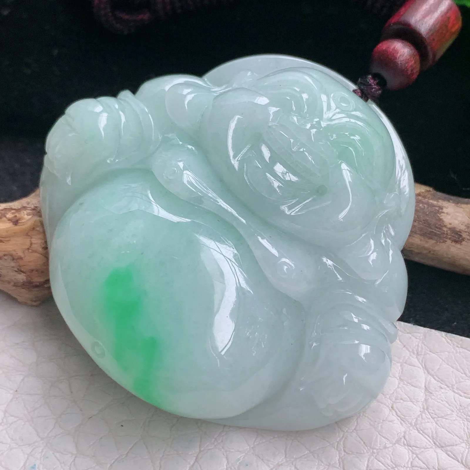 zen自然光45.8*50*13天然缅甸翡翠飘绿大佛公 开心佛玉吊坠 玉挂件