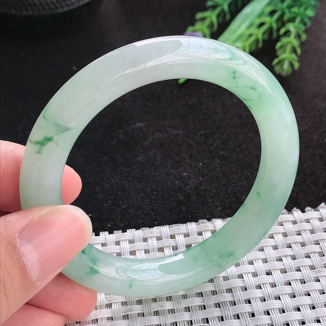 天然A货翡翠52.5/9.9/9.6老坑冰胶果冻飘花圆条手镯小圈口玉手镯