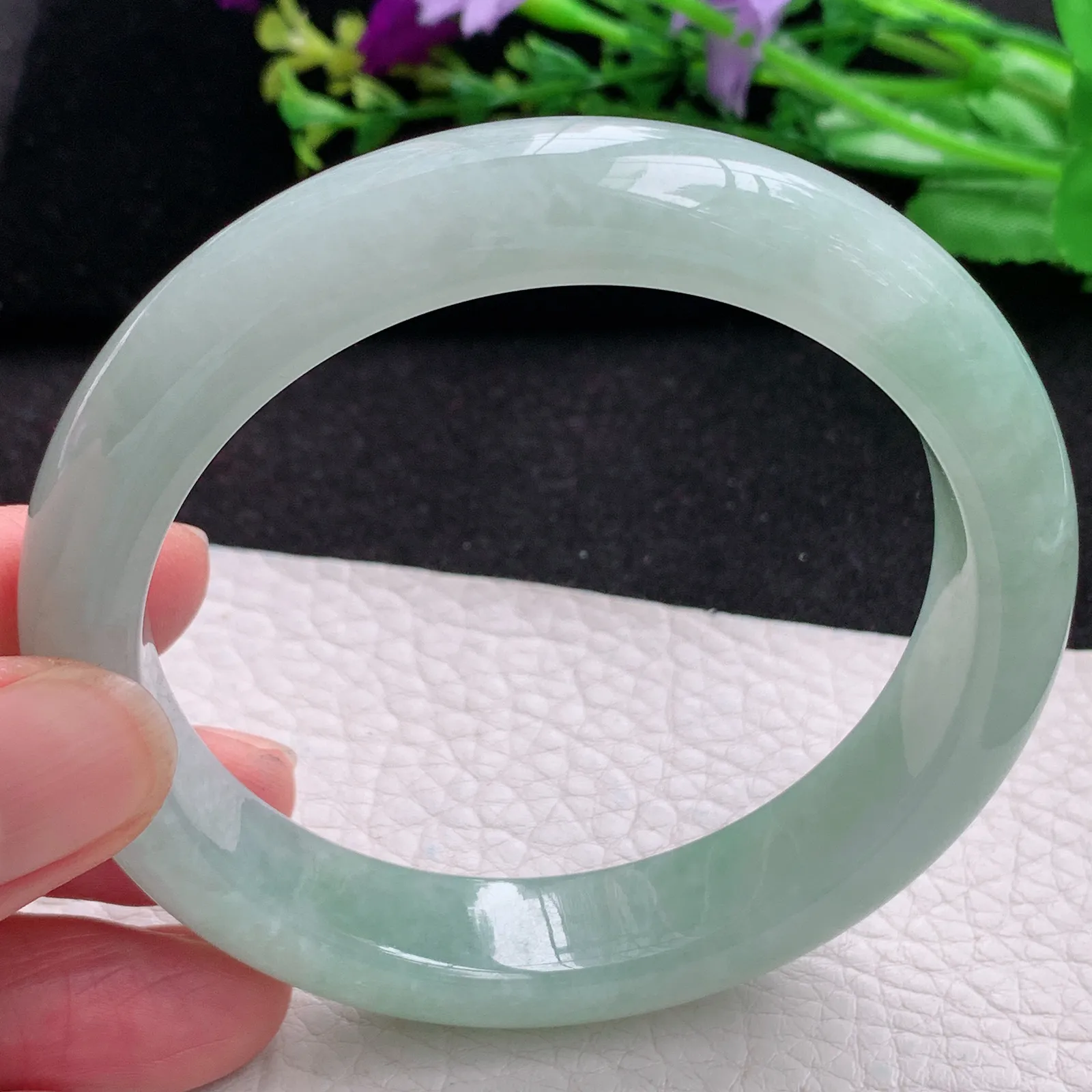 z大圈口60*12.8*8.8平安镯 缅甸翡翠a货玉手镯冰晴胶感宽边玉手环