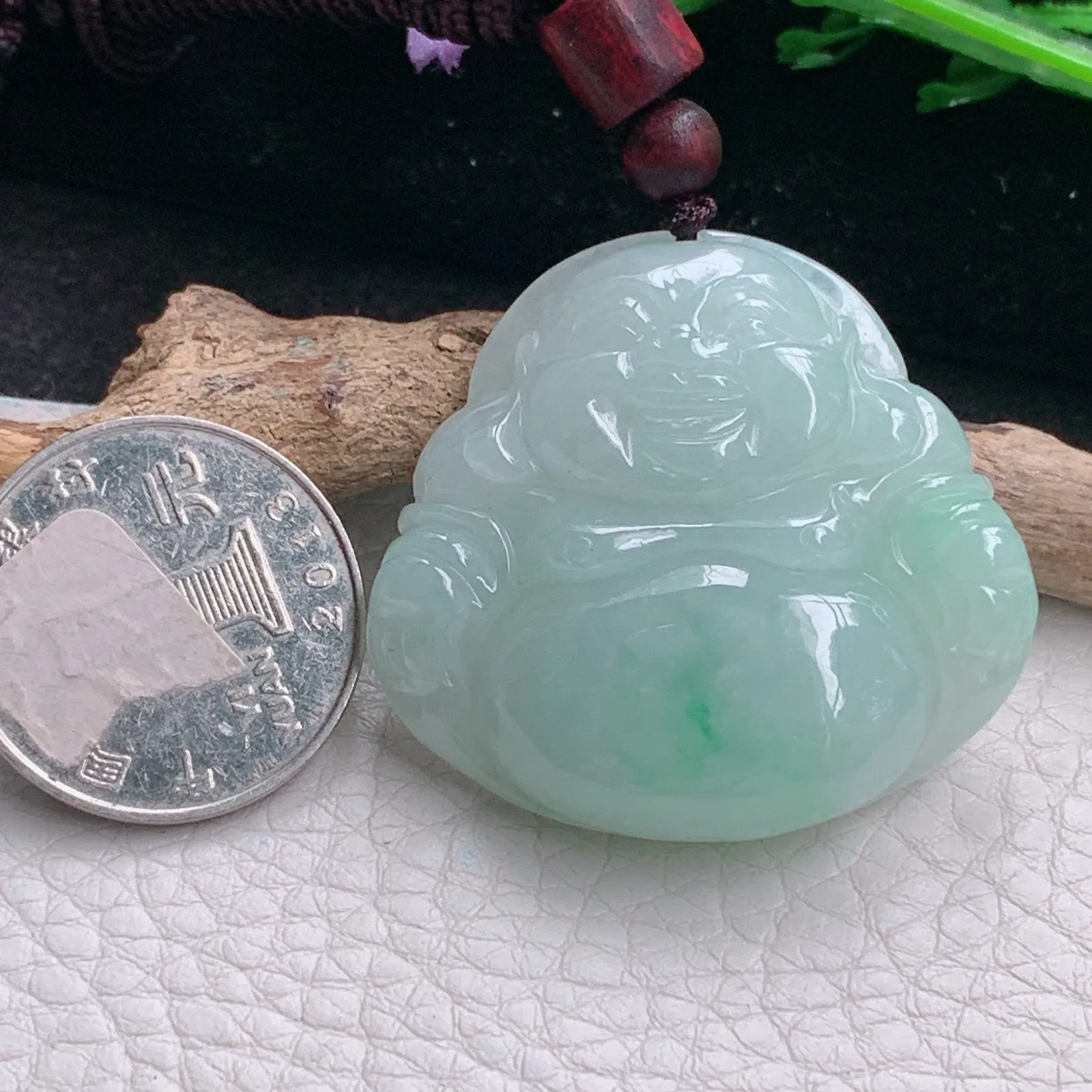 zen自然光37.6*40.5*9.3天然缅甸翡翠飘绿水润佛公 弥勒佛玉吊坠 玉挂件