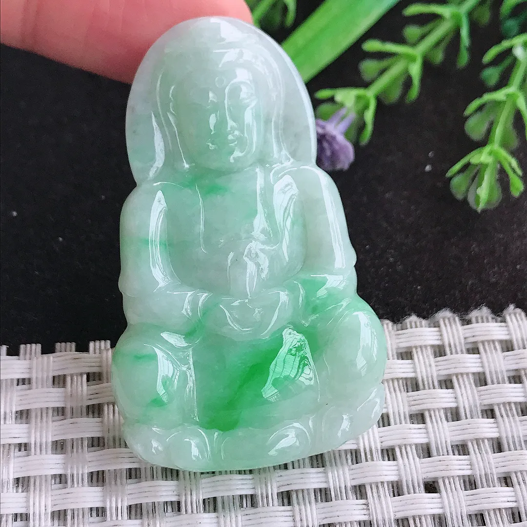 天然a货翡翠51/31.3/5.5老坑温润飘阳绿正装观音吊坠翡翠玉挂件